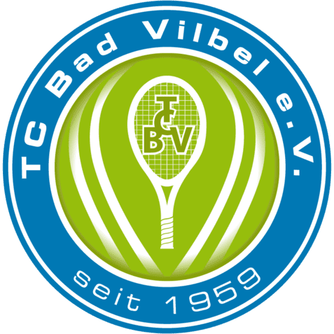 Logo des TC Bad Vilbel e.V. mit Tennisracket und Jahreszahl 1959 auf gr&uuml;n-blauem Hintergrund.