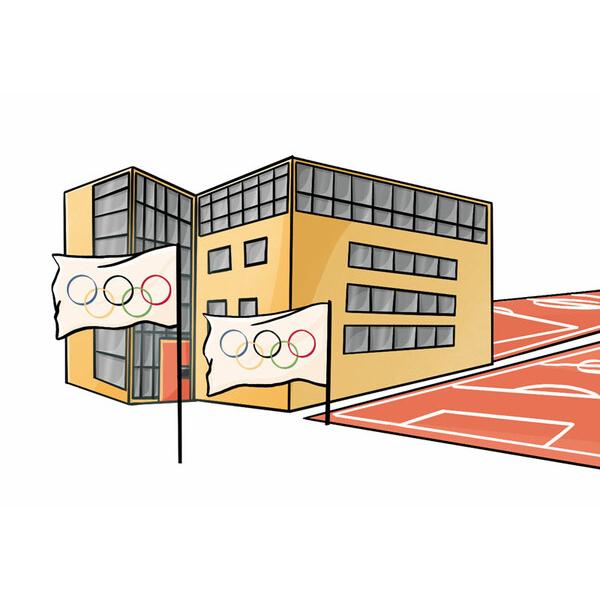 Illustration eines modernen Gebäudes mit Olympiageländen und zwei Fahnen mit den Olympischen Ringen.