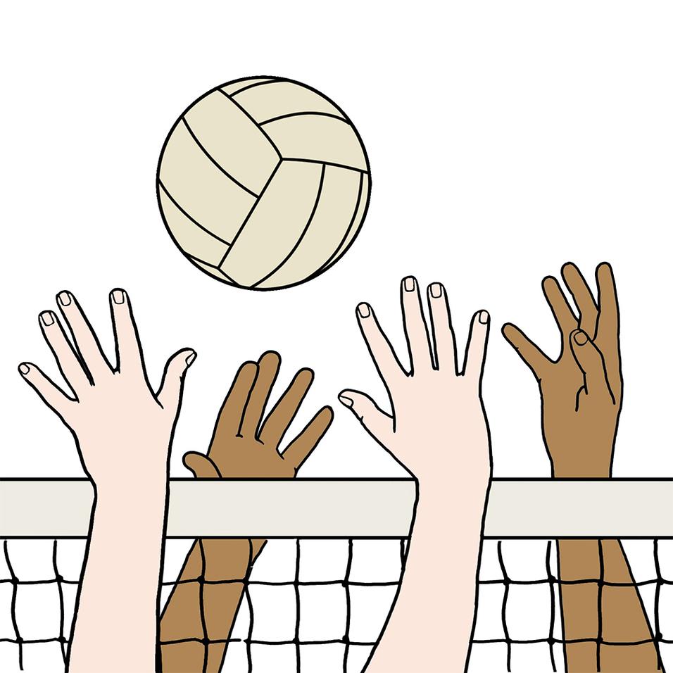Hände von Spieler:innen strecken sich nach einem Volleyball über ein Netz in einem minimalistischen, grafischen Stil.