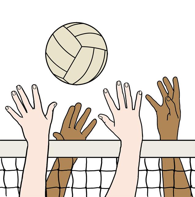 H&auml;nde von Spieler:innen strecken sich nach einem Volleyball &uuml;ber ein Netz in einem minimalistischen, grafischen Stil.