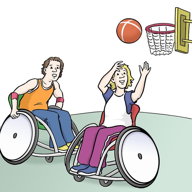 Zwei Jugendliche im Rollstuhl spielen Basketball, w&auml;hrend einer den Ball in Richtung Korb wirft.