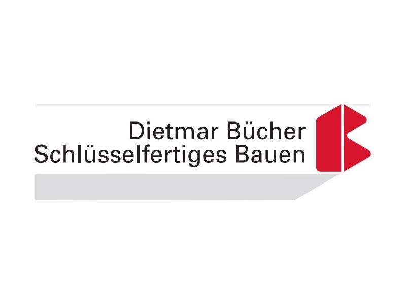 Logo von Dietmar B&uuml;cher, spezialisiert auf schl&uuml;sselfertiges Bauen, mit grafischem Element in Rot auf wei&szlig;em Hintergrund.