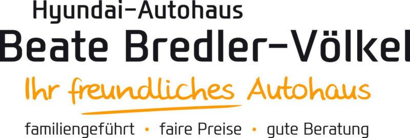 Logo des Hyundai-Autohauses Beate Bredler-V&ouml;lkel mit Slogan &bdquo;Ihr freundliches Autohaus&ldquo; und Zusatzinformationen.