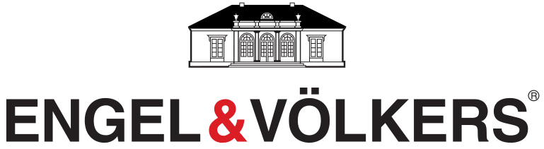 Logo von Engel & V&ouml;lkers mit stilisiertem Geb&auml;ude und Schriftzug in Schwarz und Rot.
