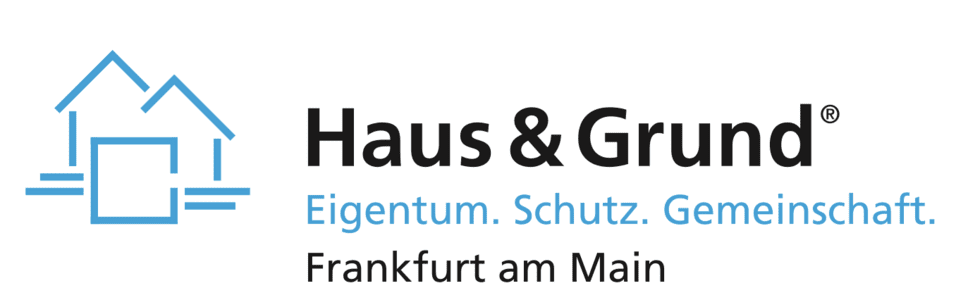 Logo von Haus & Grund Frankfurt am Main mit stilisierten Hausgrafiken und dem Slogan &bdquo;Eigentum. Schutz. Gemeinschaft.&ldquo;