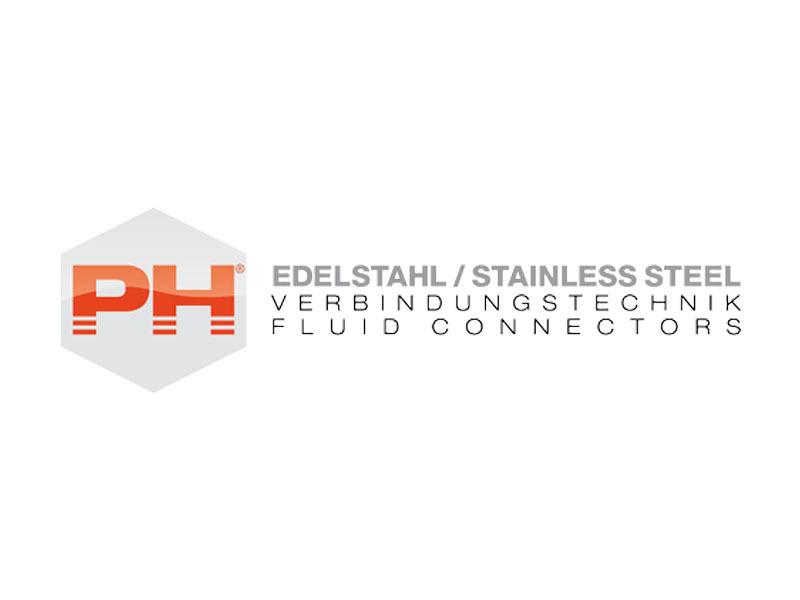 Logo der Marke PH f&uuml;r Edelstahl-Verbindungstechnik mit dem Slogan &bdquo;Fluid Connectors&ldquo; in grauer Schrift.