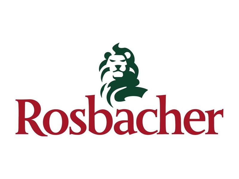 Logo der Marke Rosbacher mit einem stilisierten L&ouml;wenkopf und dem Schriftzug in roten Buchstaben.