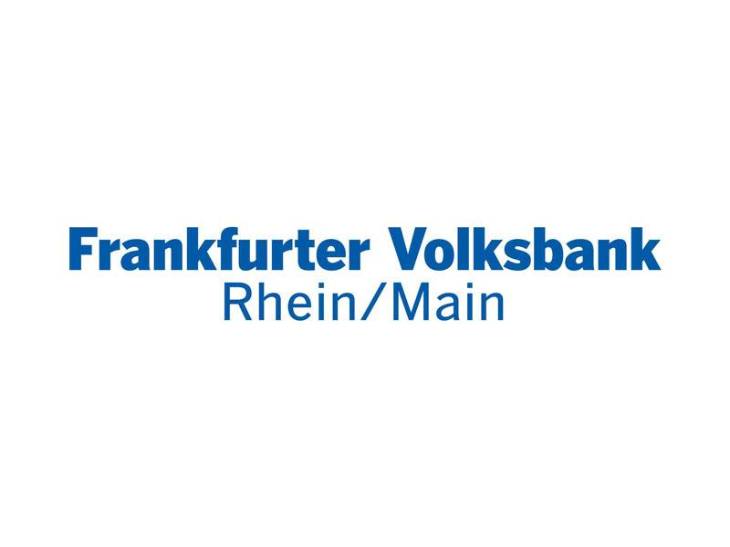 Logo der Frankfurter Volksbank mit dem Schriftzug &bdquo;Frankfurter Volksbank Rhein/Main&ldquo; in blauer Schrift auf wei&szlig;em Hintergrund.