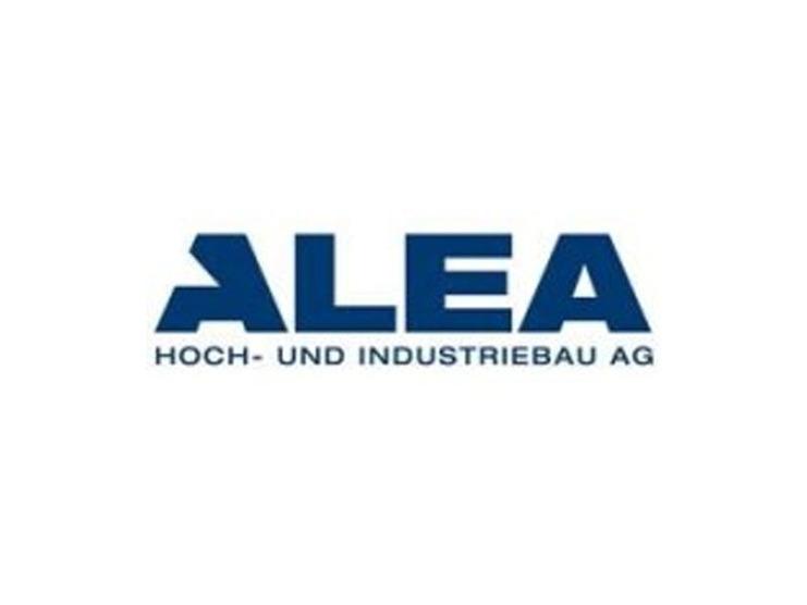 Logo der ALEA Hoch- und Industriebau AG in blauer Schrift auf wei&szlig;em Hintergrund.