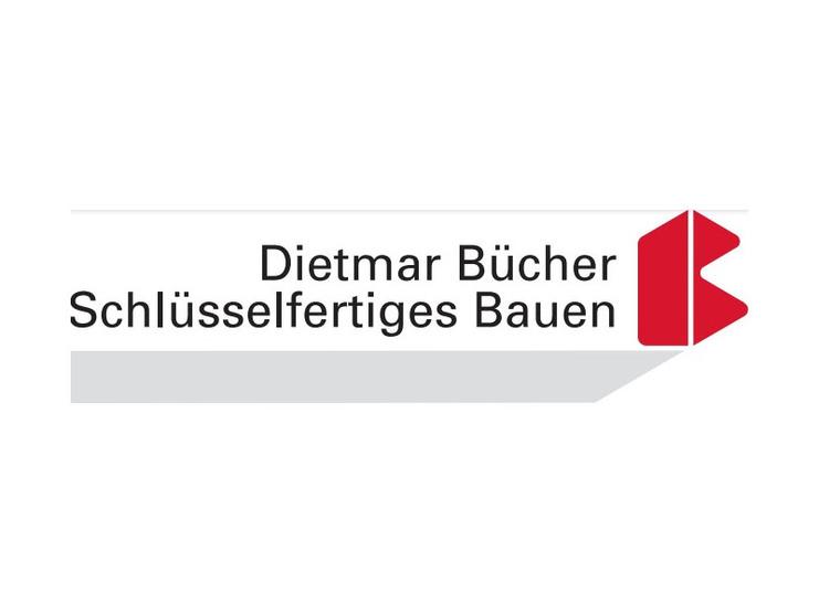 Logo von Dietmar B&uuml;cher, spezialisiert auf schl&uuml;sselfertiges Bauen, mit grafischem Element in Rot auf wei&szlig;em Hintergrund.