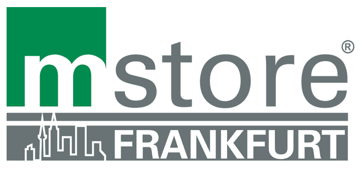 Logo der Marke mstore mit gr&uuml;ner Elementen und der Aufschrift "FRANKFURT" in grauer Schrift.