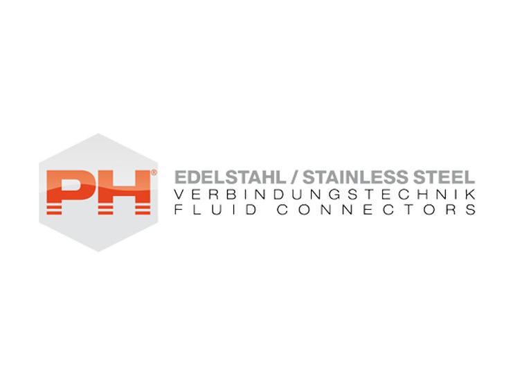 Logo der Marke PH f&uuml;r Edelstahl-Verbindungstechnik mit dem Slogan &bdquo;Fluid Connectors&ldquo; in grauer Schrift.